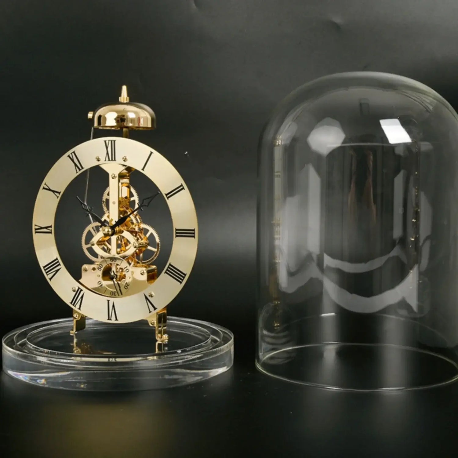Ash and Anthem glass dome skeleton quartz clock features a retro mechanical style with chiming function for elegant home and office décor.