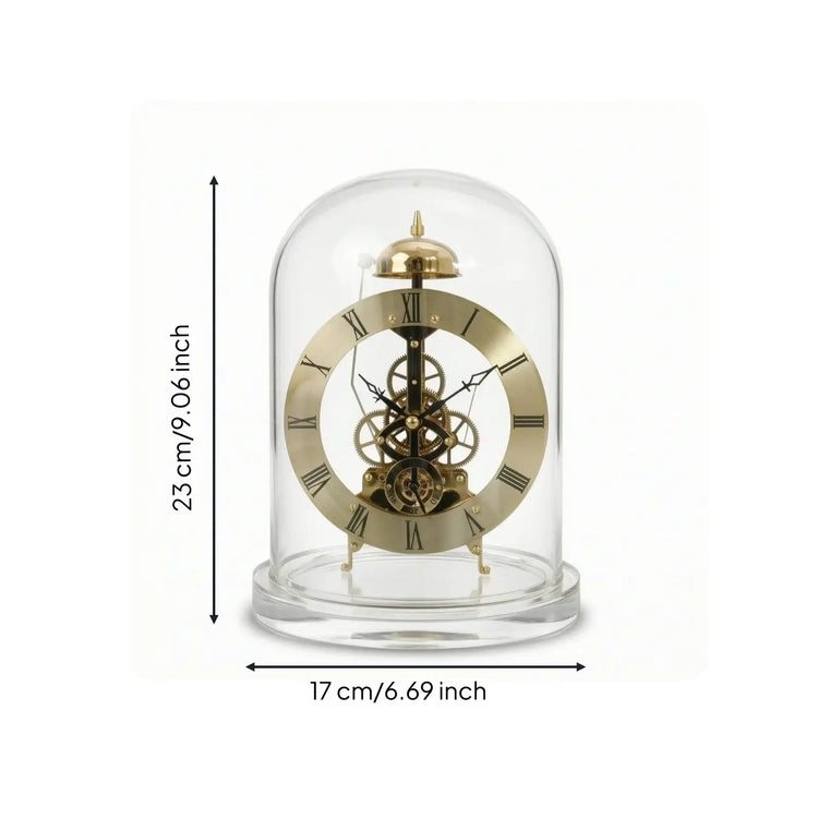 Ash and Anthem glass dome skeleton quartz clock features a retro mechanical style with chiming function for elegant home and office décor.