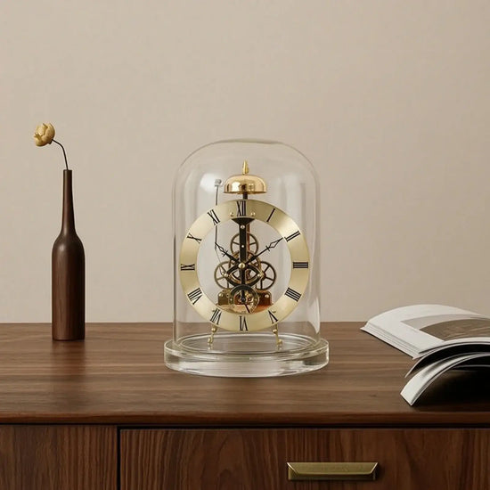 Ash and Anthem glass dome skeleton quartz clock features a retro mechanical style with chiming function for elegant home and office décor.