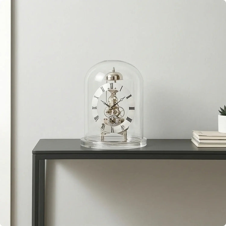 Ash and Anthem glass dome skeleton quartz clock features a retro mechanical style with chiming function for elegant home and office décor.