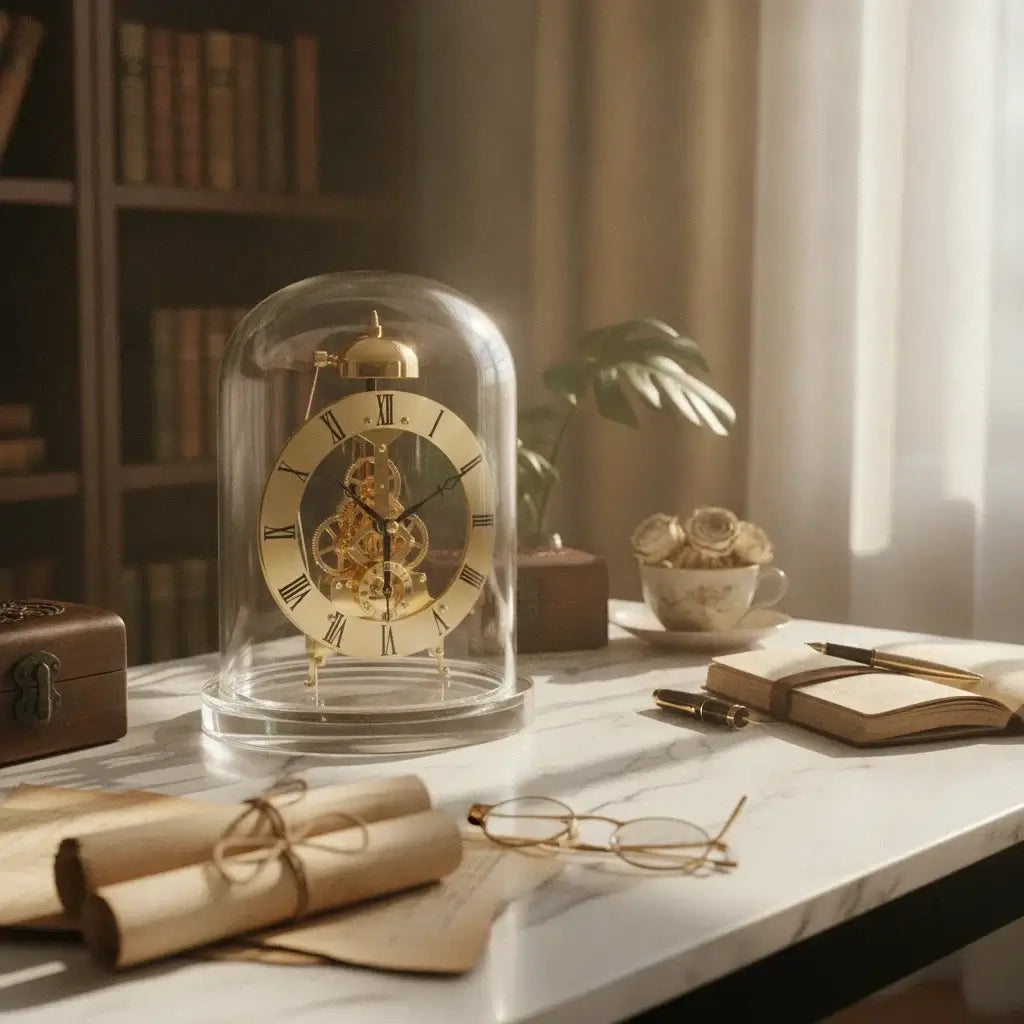 Ash and Anthem glass dome skeleton quartz clock features a retro mechanical style with chiming function for elegant home and office décor.