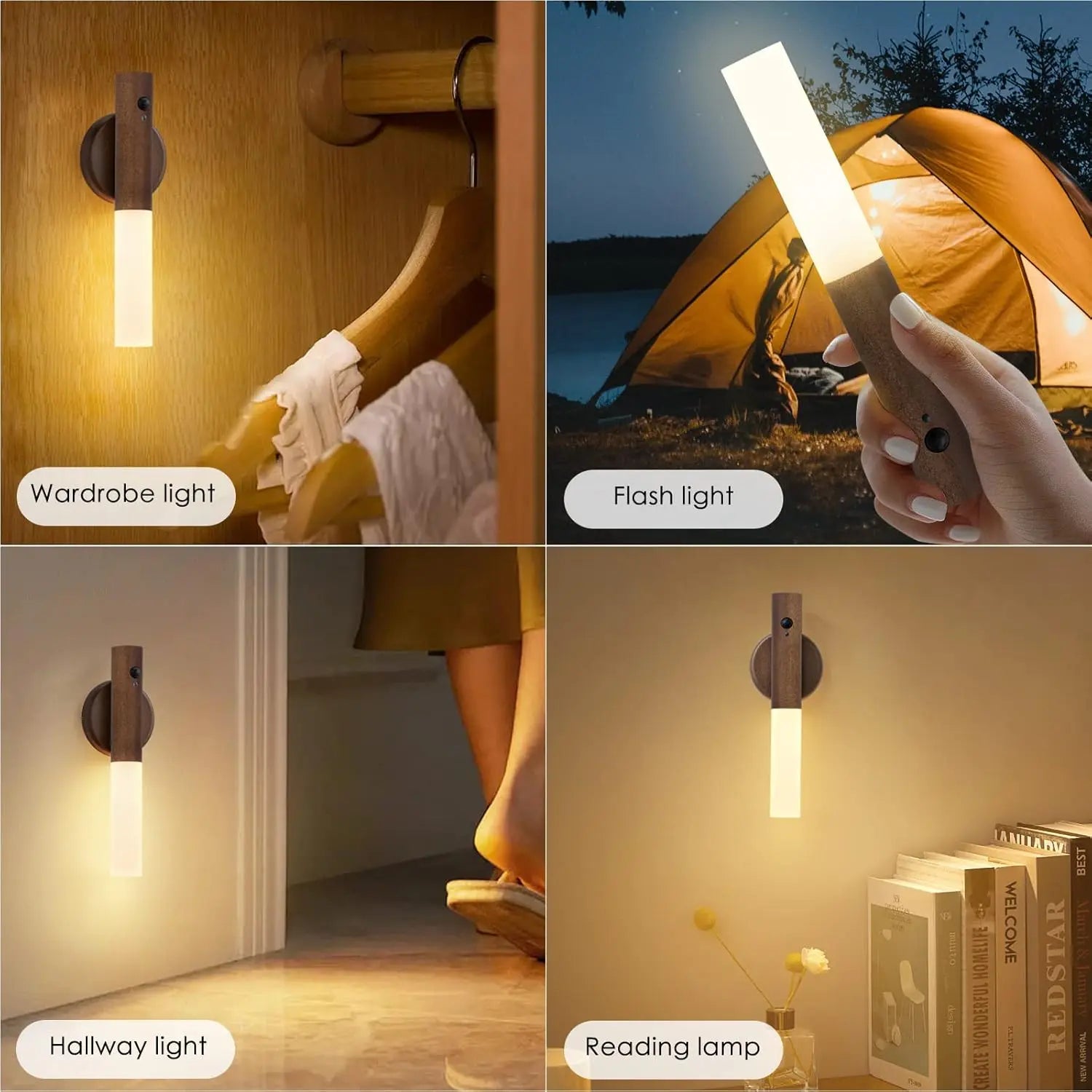 Ash and ANTHEM Smart Motion Sensor Night Light in wardrobe, hallway, reading, and flash light settings.