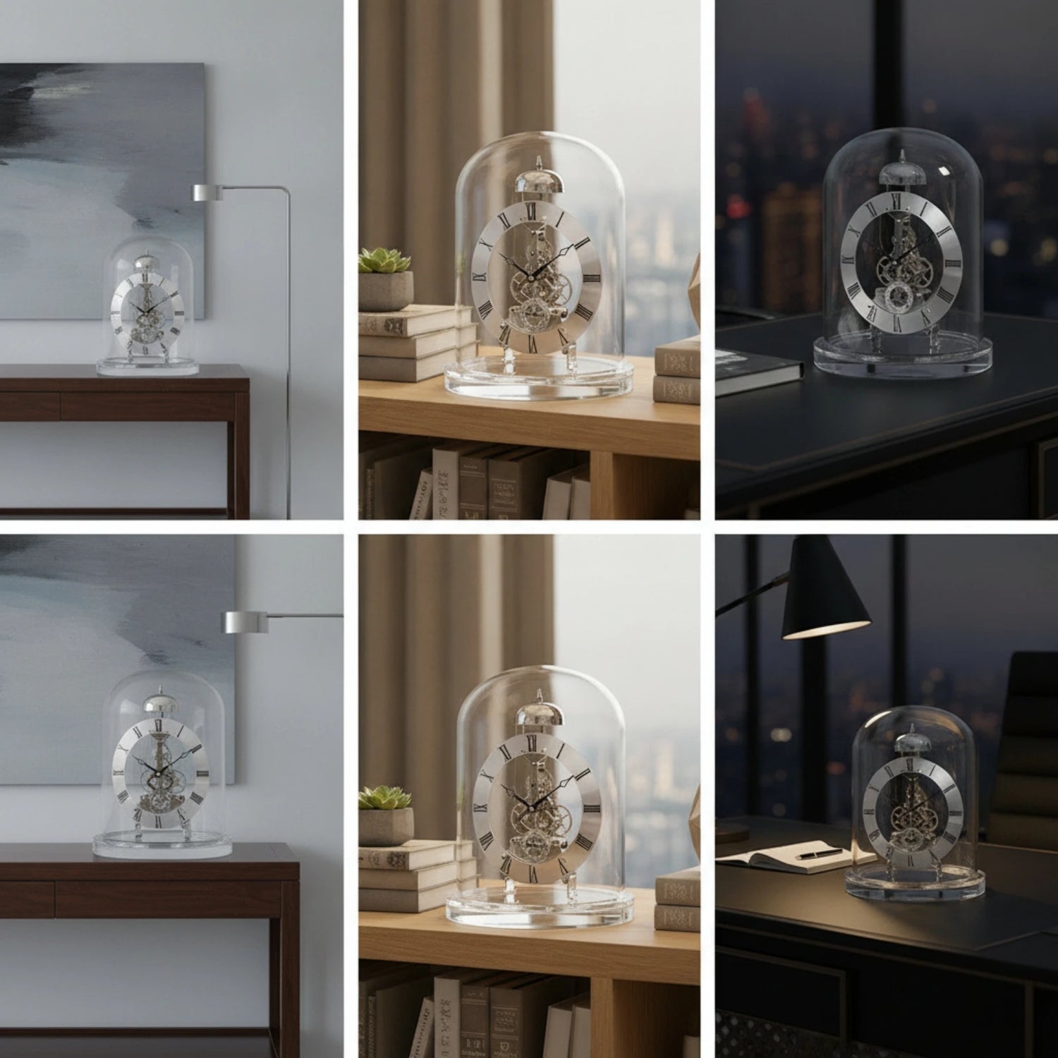 Ash and Anthem glass dome skeleton quartz clock features a retro mechanical style with chiming function for elegant home and office décor.