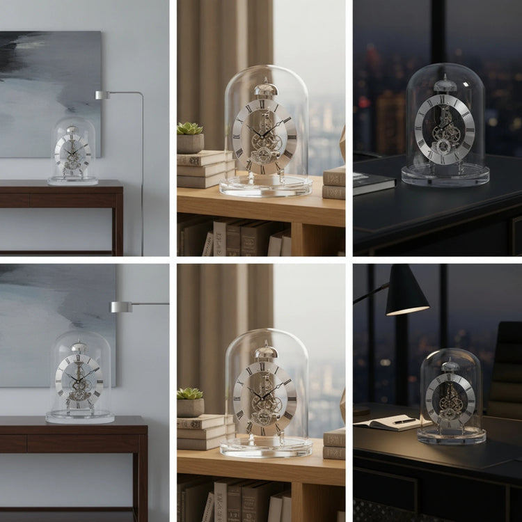 Ash and Anthem glass dome skeleton quartz clock features a retro mechanical style with chiming function for elegant home and office décor.