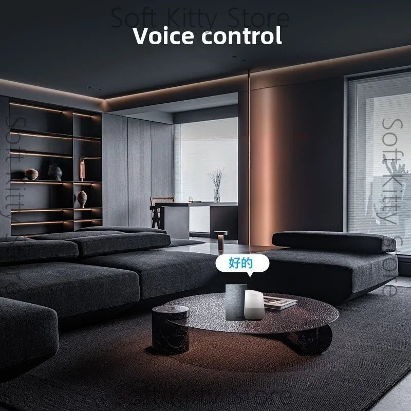 Ash and ANTHEM smart home knob for voice control in modern living room.