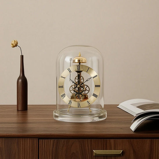 Ash and Anthem glass dome skeleton quartz clock features a retro mechanical style with chiming function for elegant home and office décor.