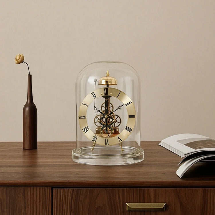 Ash and Anthem glass dome skeleton quartz clock features a retro mechanical style with chiming function for elegant home and office décor.