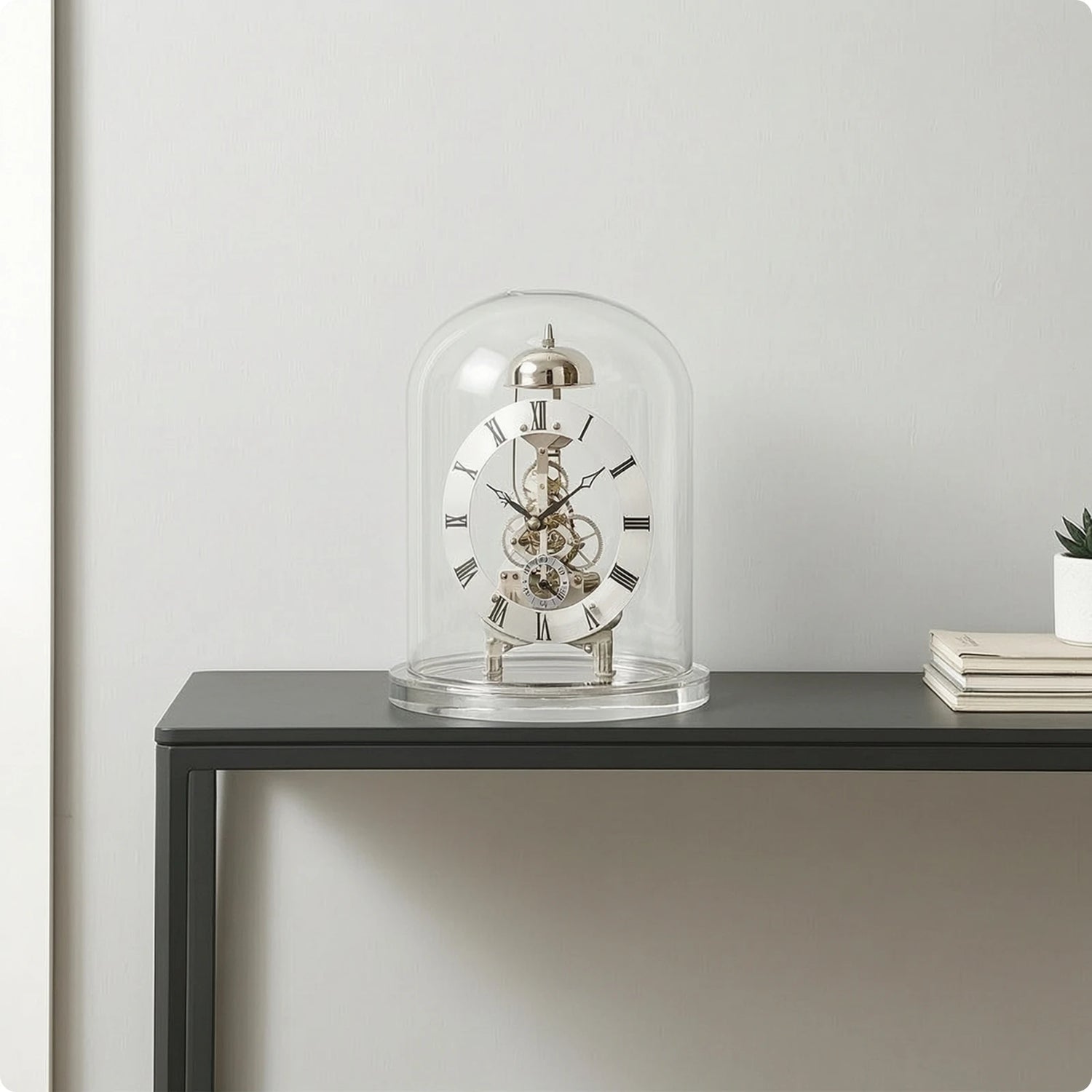 Ash and Anthem glass dome skeleton quartz clock features a retro mechanical style with chiming function for elegant home and office décor.