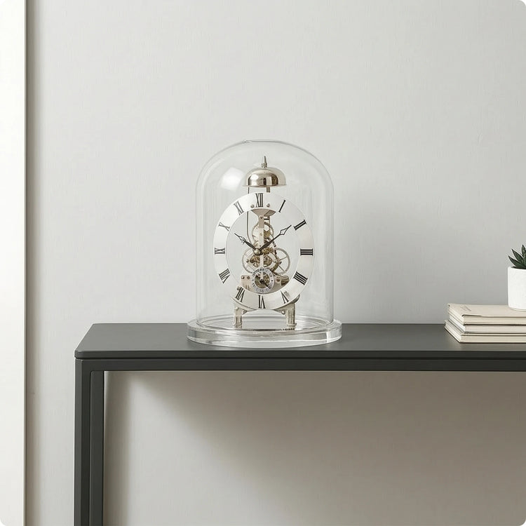Ash and Anthem glass dome skeleton quartz clock features a retro mechanical style with chiming function for elegant home and office décor.