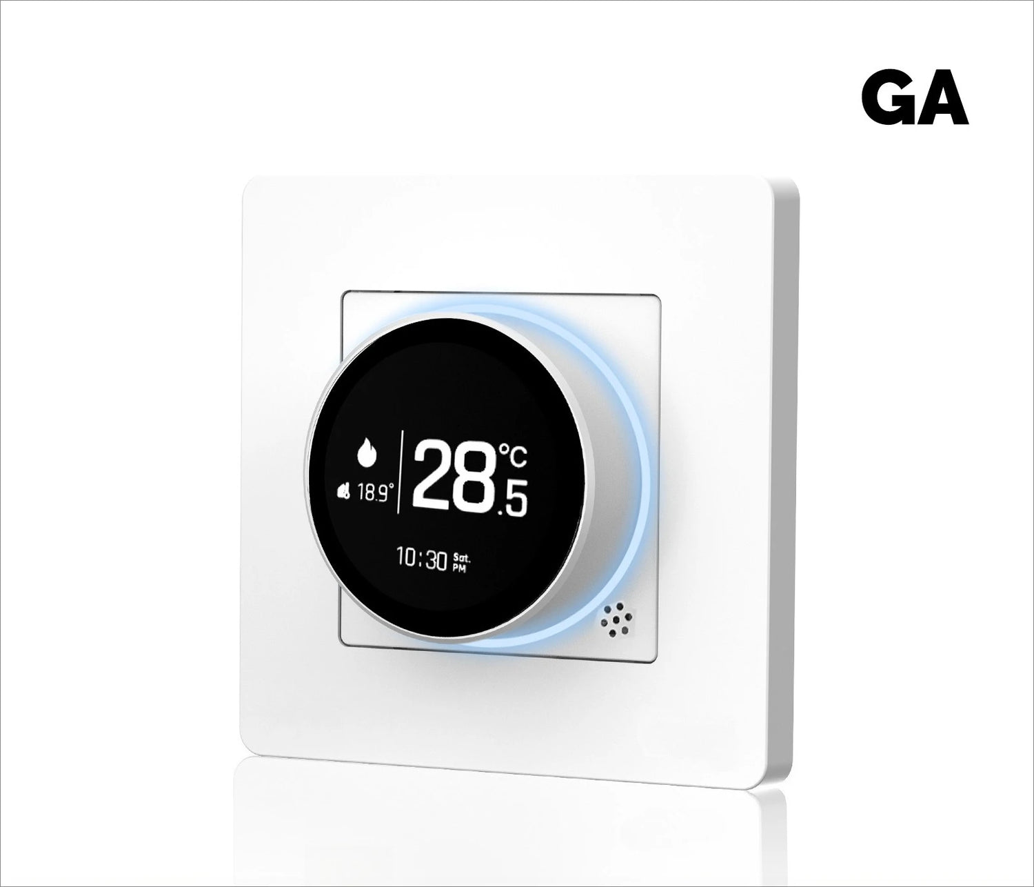 Ash and ANTHEM Smart home knob thermostat with digital display and blue control ring.