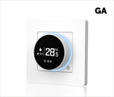 Ash and ANTHEM Smart home knob thermostat with digital display and blue control ring.