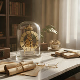 Ash and Anthem glass dome skeleton quartz clock features a retro mechanical style with chiming function for elegant home and office décor.